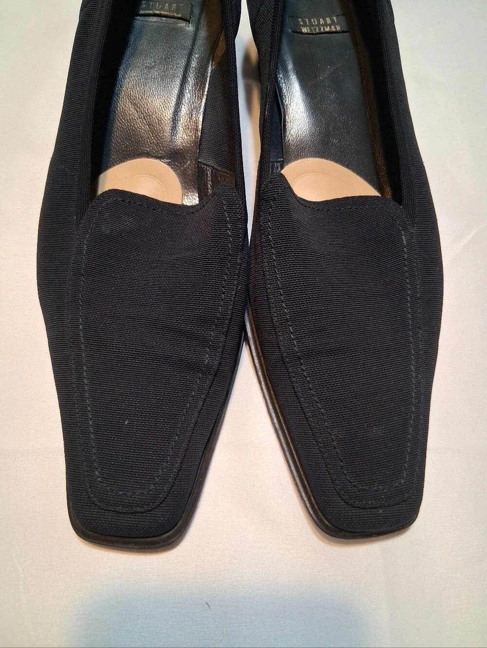 Stuart Weitzman , Black Fabric Kitten Heel Loafers Designer Comfort